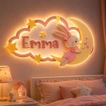 Personalized Baby Name LED Wall Light – Bunny Moon Nursery Decor, Laser Cut Kids Room Lamp Digital Download