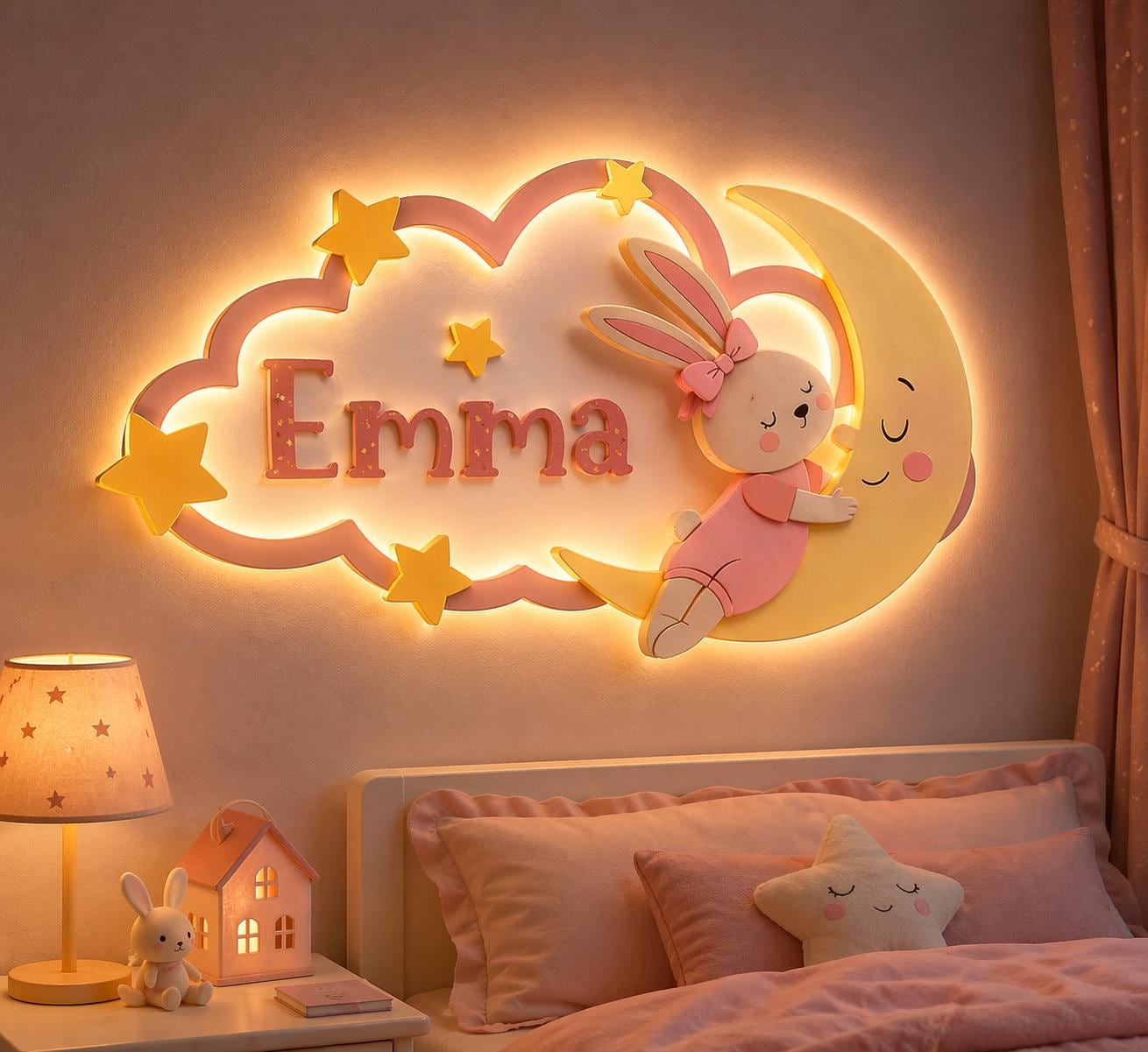 il_fullxfull.7991743473_8tye.jpg Personalized Baby Name LED Wall Light – Bunny Moon Nursery Decor, Laser Cut Kids Room Lamp Digital Download - Image 1