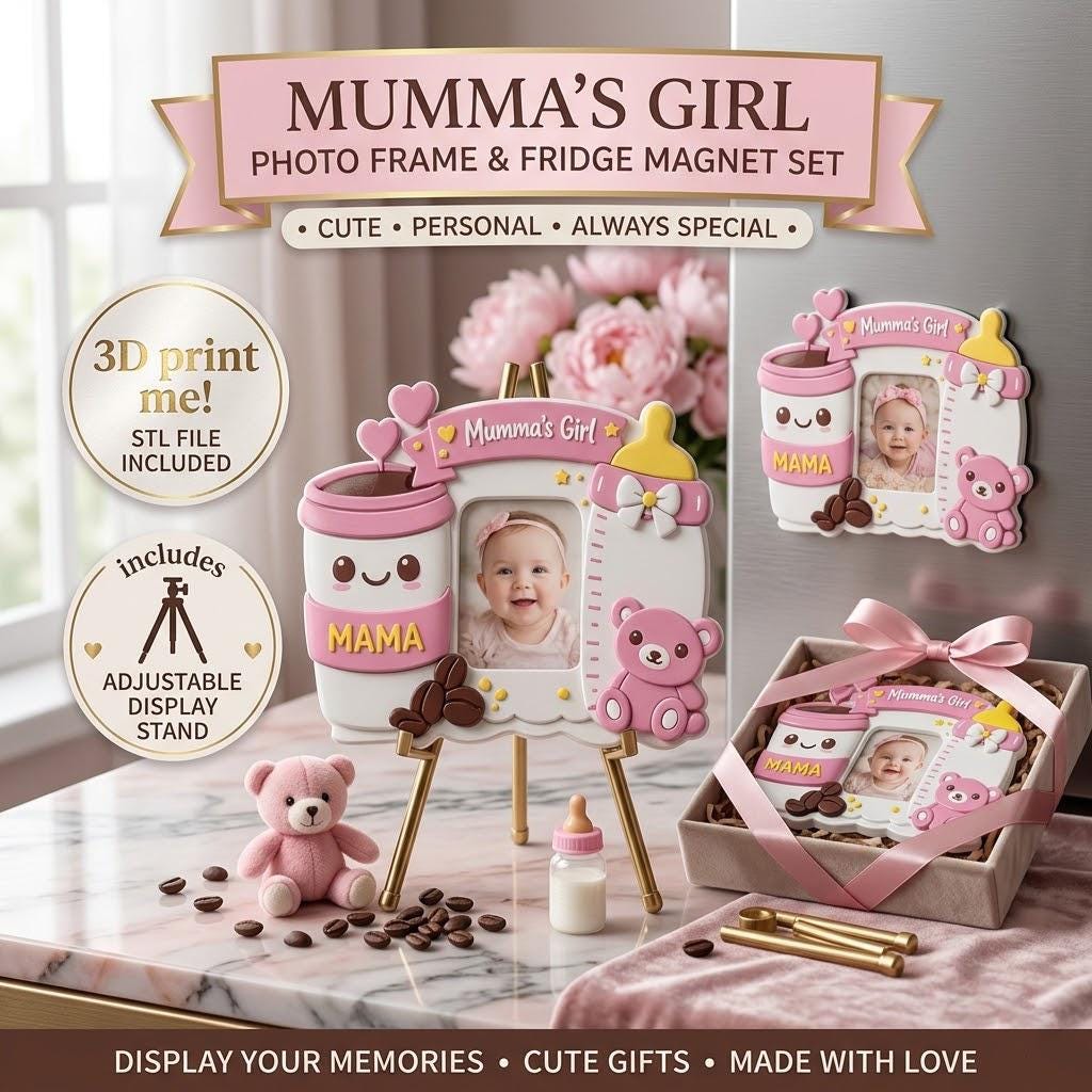 il_fullxfull.8040461844_tp75.jpg Baby Girl Photo Frame Fridge Magnet STL File, Cute Baby Photo Magnet Frame, 3D Printed Nursery Decor, Baby Shower Gift Idea - Image 1