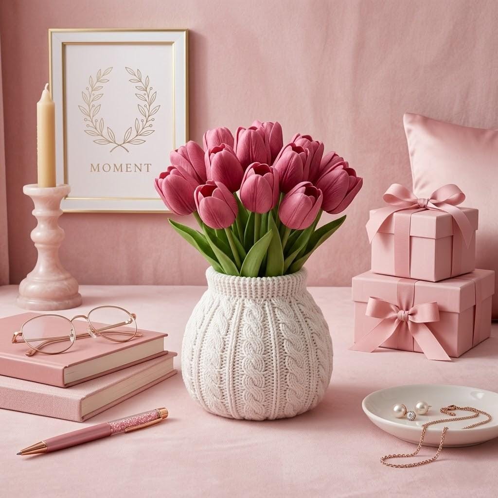 il_fullxfull.8047938864_oy2m.jpg Crocheted Vase with Tulip Flowers STL File, Cute Floral Home Decor 3D Print, Aesthetic Crochet Style Vase, Instant Digital Download - Image 1