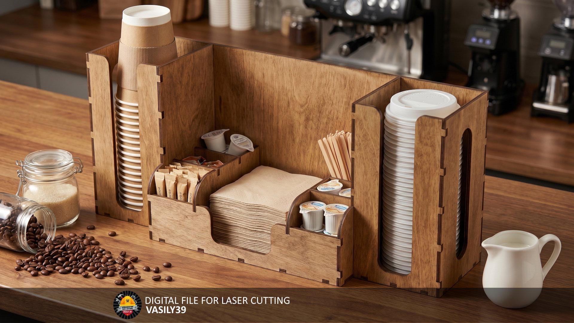 il_fullxfull.8049804167_mpvw.jpg Coffee Station Organizer Laser Cut File, Coffee Bar Decor Plan, Plywood Coffee Syrup Cup and Lid Holder Svg, Cafe Countertop Storage Caddy - Image 1