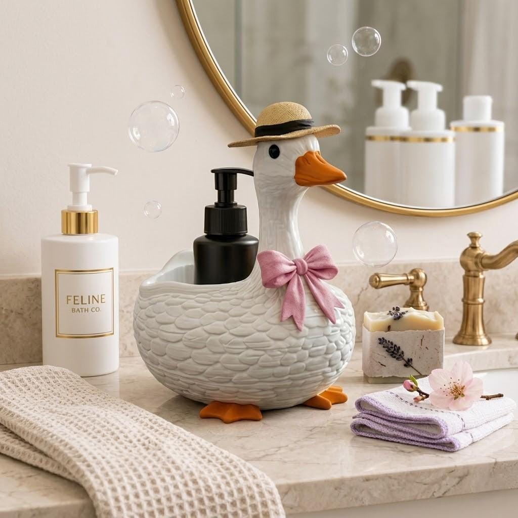 il_fullxfull.8052429234_mg3s.jpg Goose Soap Dispenser Holder with Bow | Cute Farmhouse Bathroom Decor | Goose Sink Organizer | Kitchen Soap Bottle Stand | Rustic Home Gift - Image 1