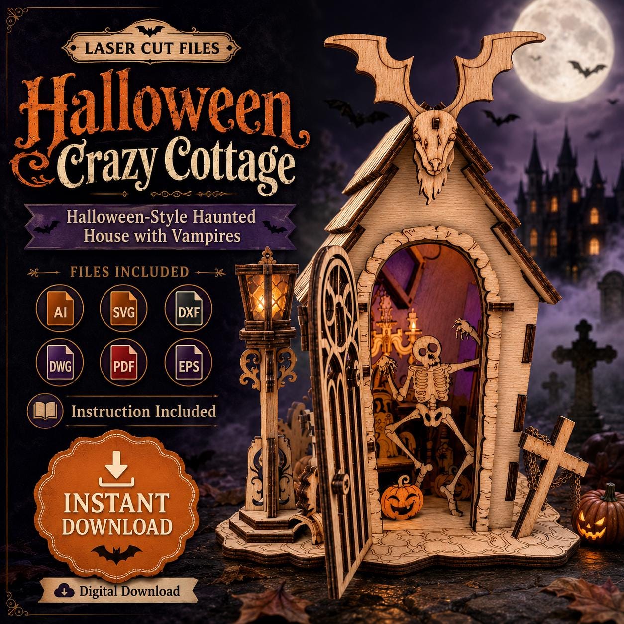 il_fullxfull.8069713120_7ild.jpg Halloween Crazy Cottage Laser Cut Files SVG PDF | Haunted House SVG | Vampire Cottage DXf | Halloween Decor Glowforge File | Spooky House - Image 1