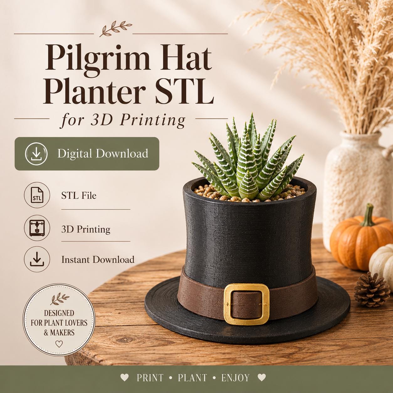 il_fullxfull.8083810520_mivv.jpg Pilgrim Hat Planter STL for 3D Printing, Thanksgiving Succulent Pot, Fall Decor Plant Pot Digital Download, Cute Autumn Cactus Planter STL - Image 1