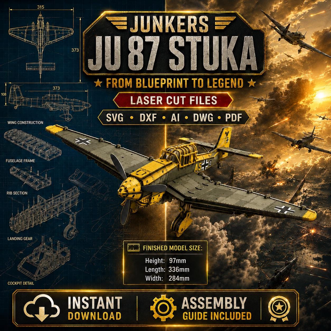 il_fullxfull.8083965776_j7rg.jpg DIY Junkers Ju 87 Stuka Dive Bomber Laser Cut Files SVG DxF Ai DwG PDf | CNC Router & Laser Engraving Template | Instant Download - Image 1