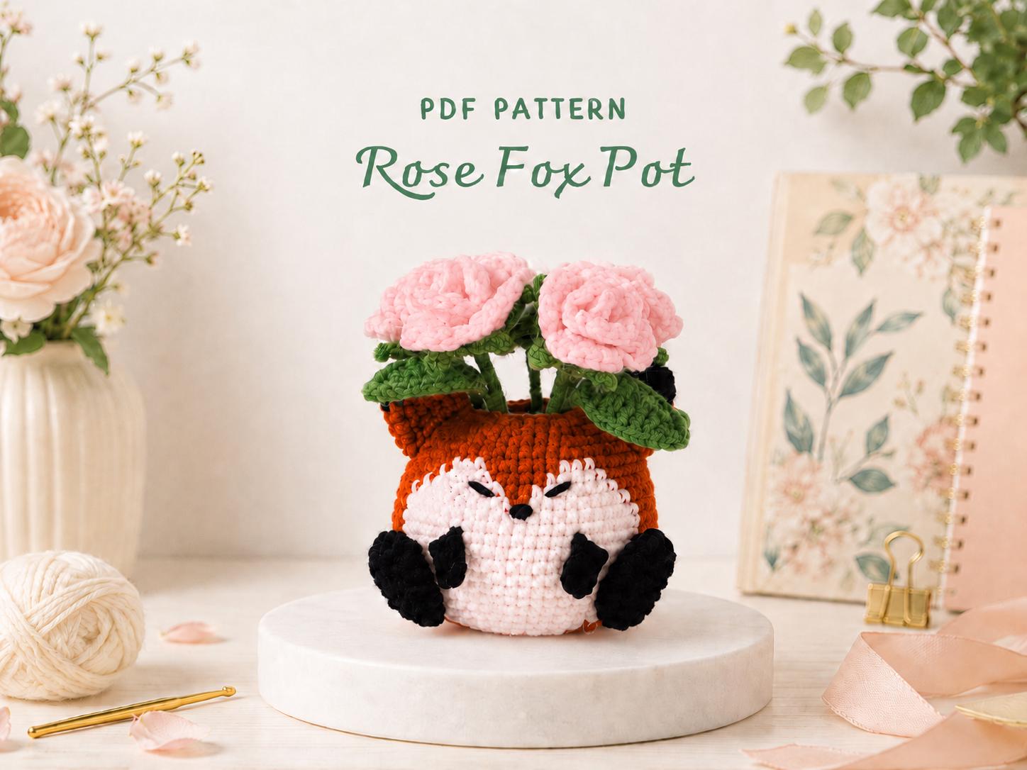 il_fullxfull.8084666550_fkqe.jpg Crochet Fox Rose Pot Pattern PDF, Amigurumi Fox Planter, Crochet Flower Pot, Cute Fox Home Decor, Digital Download - Image 1