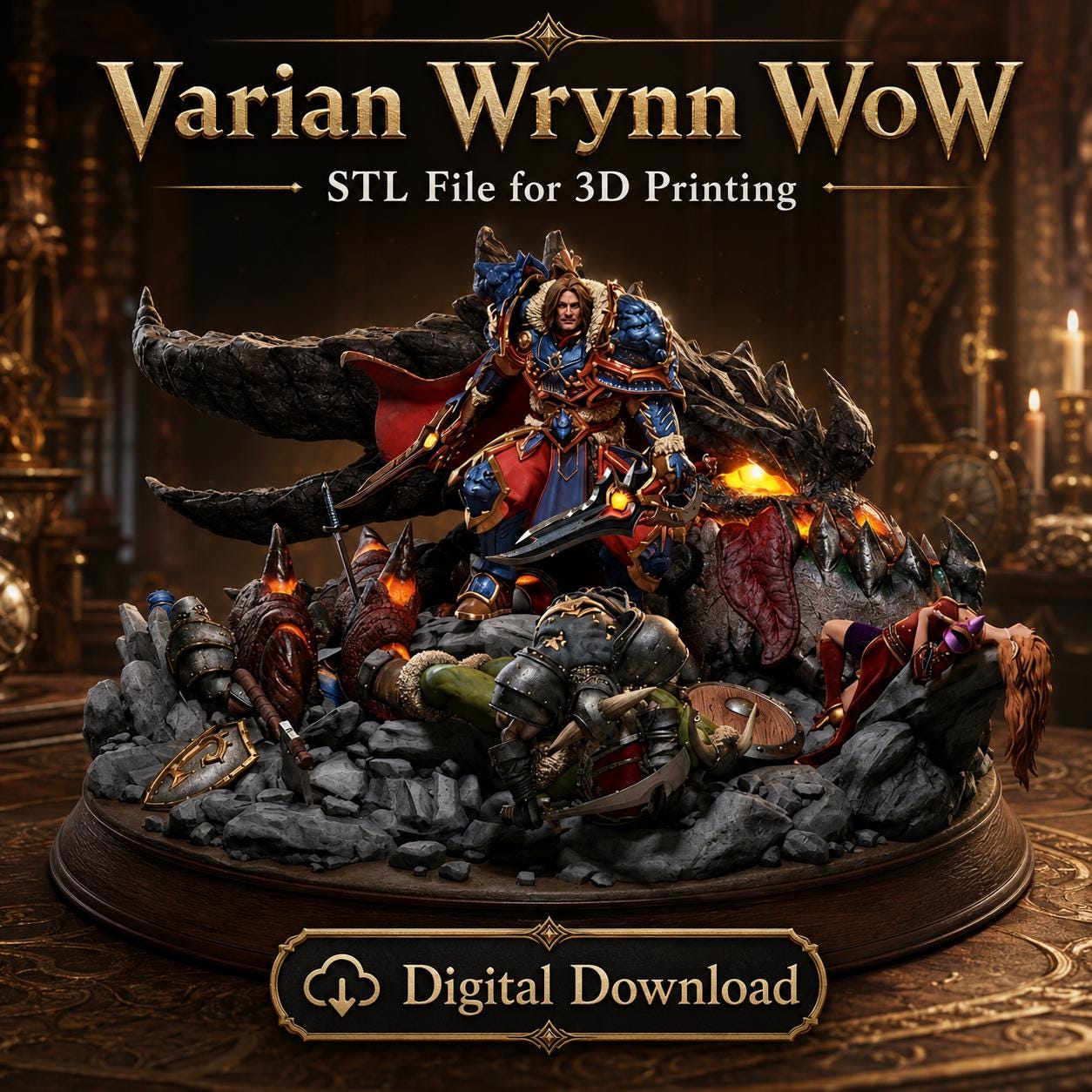 il_fullxfull.8087311846_g94s.jpg Varian Wrynn WoW STL Model, 3D Print Fantasy Warrior Figure, World of Warcraft Collectible, Digital Download Resin STL - Image 1