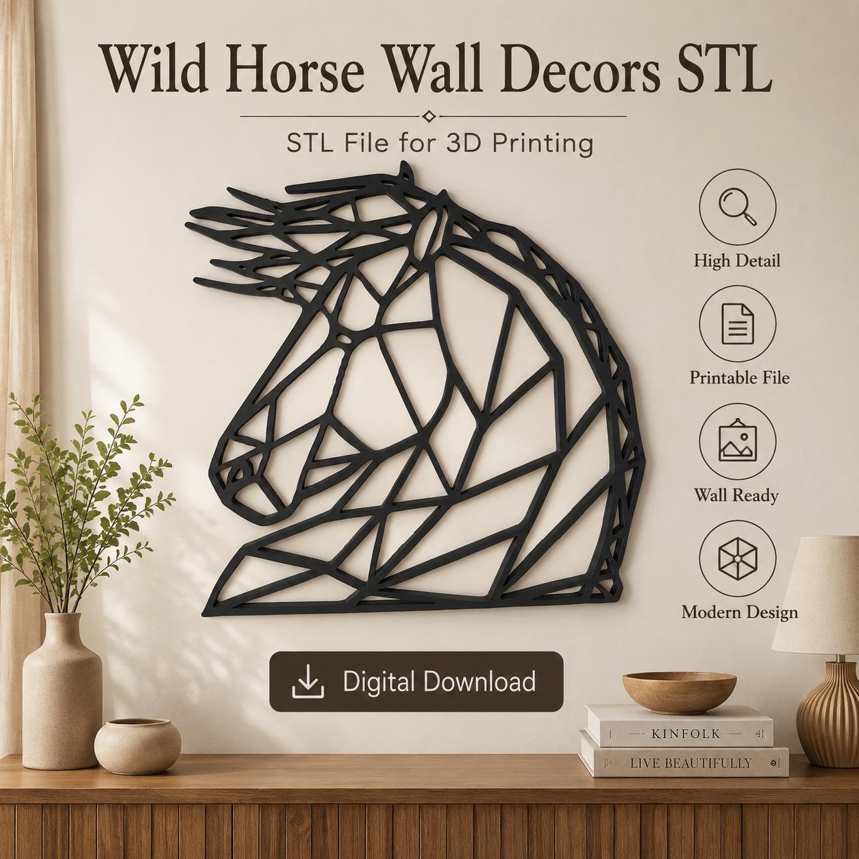 il_fullxfull.8091877740_a3xg.jpg Wild Horse Wall Decor STL for 3D Printing, Horse Wall Art, Rustic Farmhouse Decor, Digital Download - Image 1