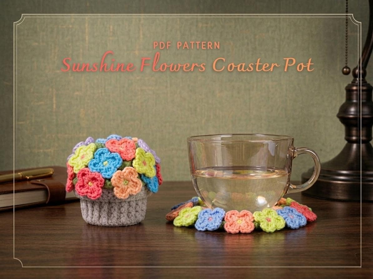 il_fullxfull.8093040575_pf2w.jpg Sunshine Flowers Coaster Pot Crochet Pattern PDF | Floral Coaster Set | Cute Crochet Home Decor | Handmade Gift - Image 1
