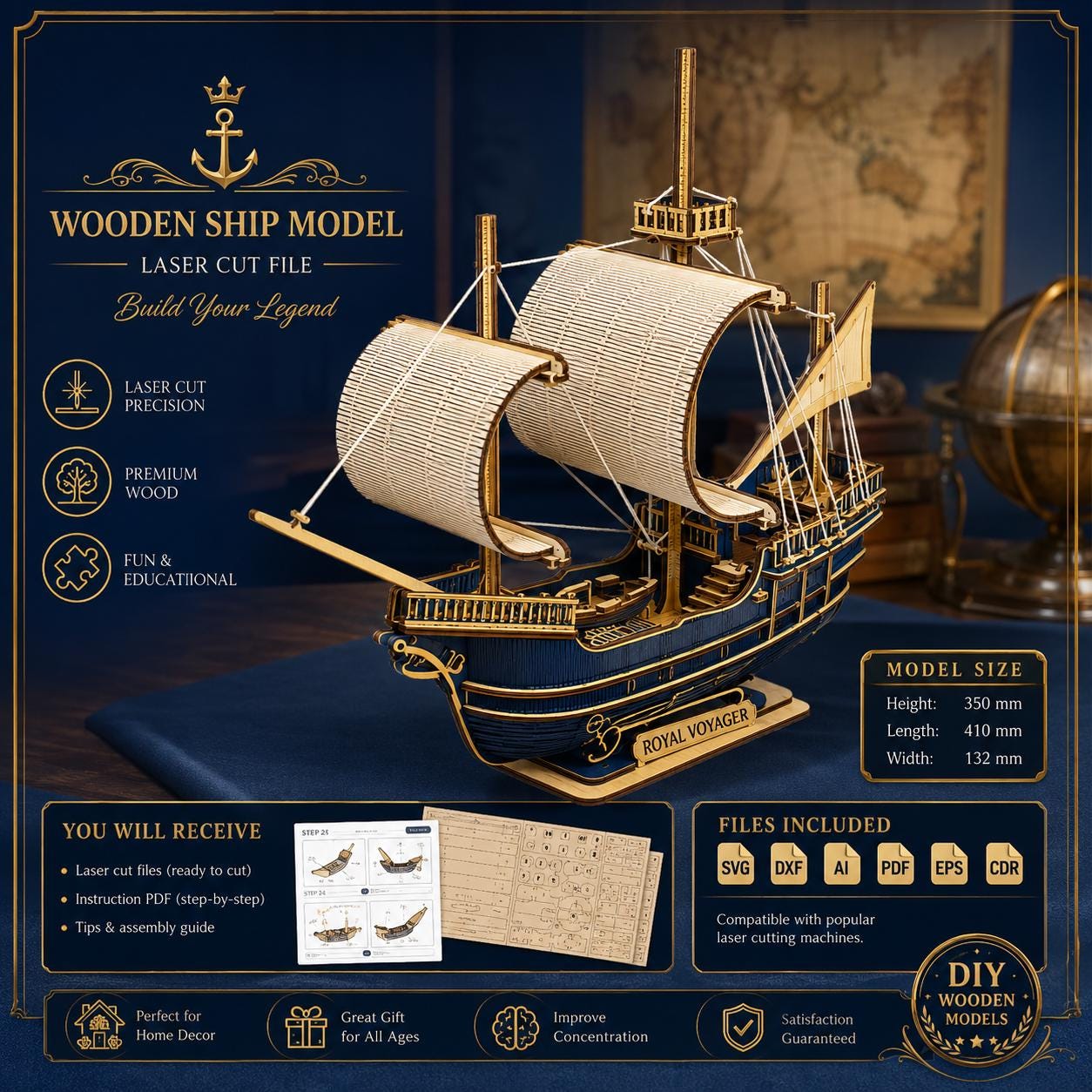 il_fullxfull.8099841048_homt.jpg Wooden Ship Model Laser Cut File SvG DxF Ai PdF, DiY Sailing Ship Kit, Nautical Home Decor, Wooden Puzzle, CNC Laser Cut - Image 1