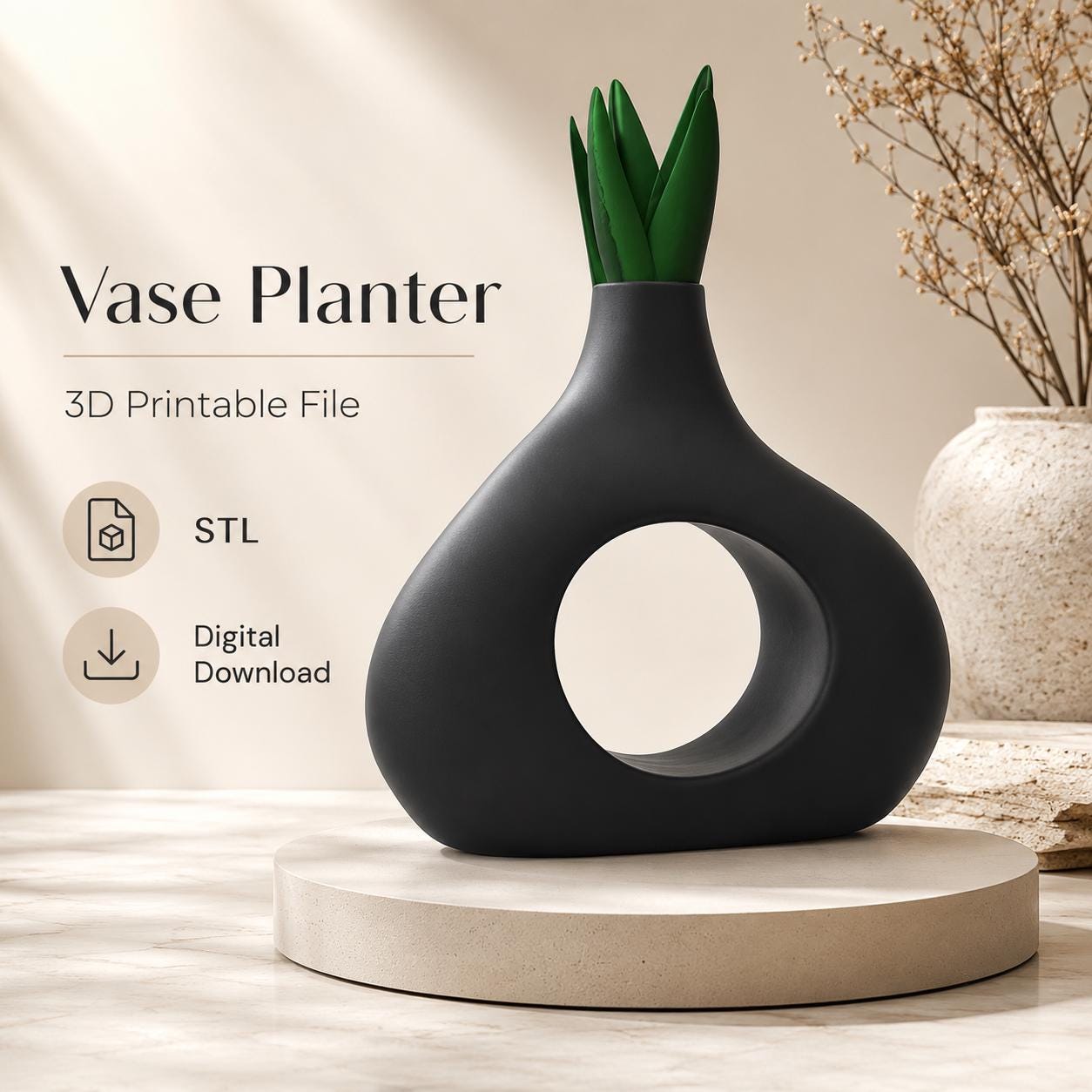 il_fullxfull.8103460794_4jas.jpg Vase Planter STL File for 3D Printing, Modern Flower Pot Digital Download, Decorative Plant Holder, Succulent Planter, Home Decor STL - Image 1