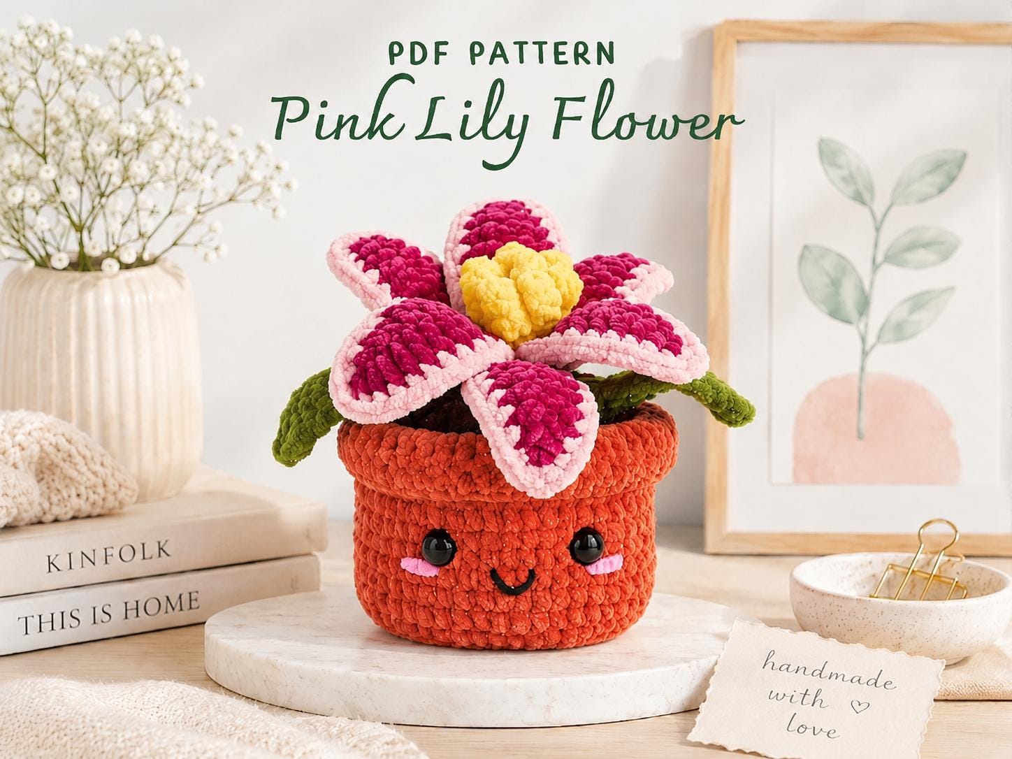 il_fullxfull.8107338505_ctxi.jpg Pink Lily Flower Crochet Pattern PDF, Amigurumi Flower Pot Pattern, Cute Kawaii Plant Decor, DIY Crochet Gift, Instant Download - Image 1