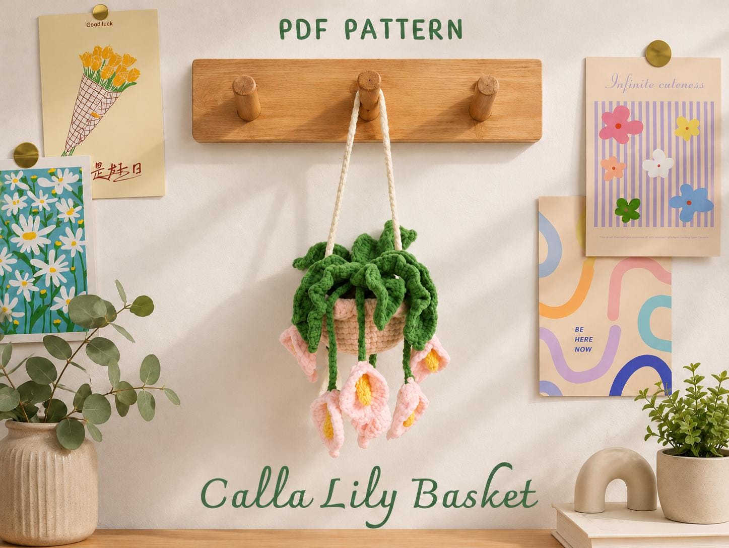 il_fullxfull.8107442159_hq64.jpg Calla Lily Basket Crochet Pattern PDF, Hanging Crochet Flower Basket, Crochet Plant Decor Pattern, Amigurumi Flower PDF - Image 1