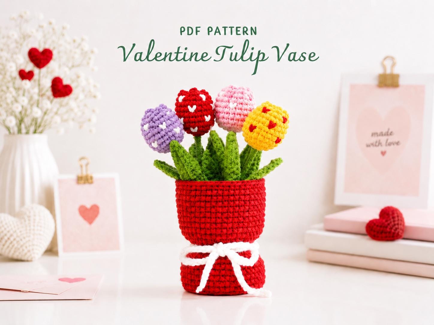 il_fullxfull.8107574779_23z0.jpg Valentine Tulip Vase Crochet Pattern PDF, Amigurumi Flower Bouquet, Valentine Crochet Gift, Handmade Tulip Vase Pattern - Image 1