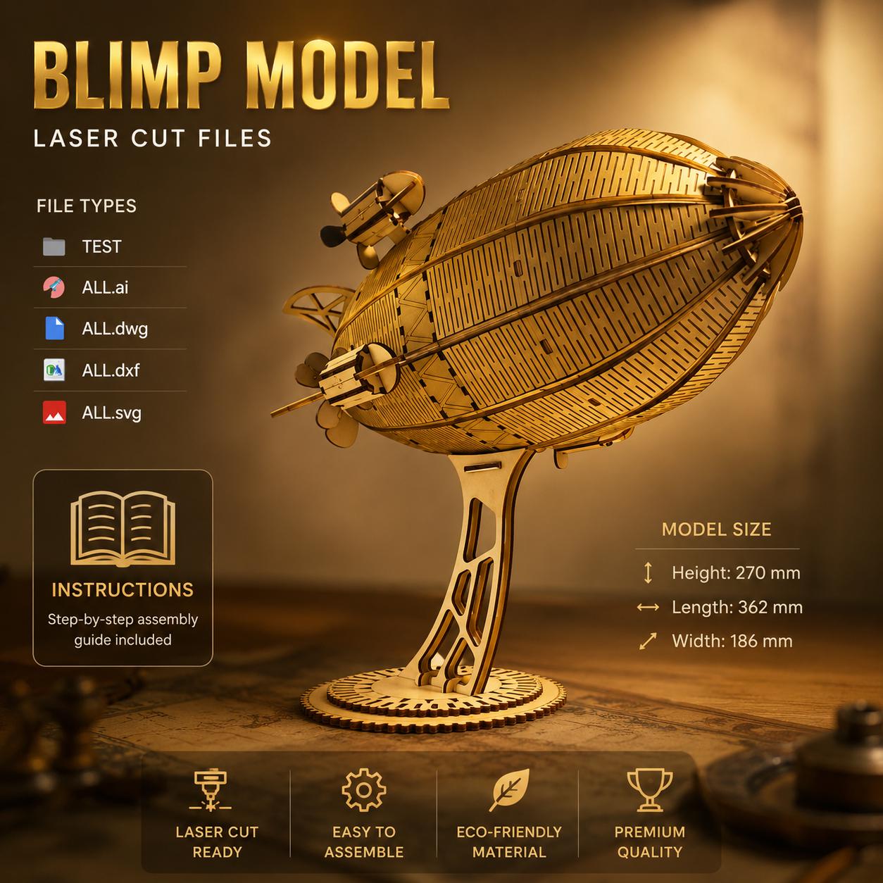 il_fullxfull.8110607292_7xj8.jpg Blimp Model Laser Cut Files SvG DxF Ai DwG | Airship Wooden 3D Puzzle CNC Plans | Steampunk Zeppelin DIY Model Kit - Image 1