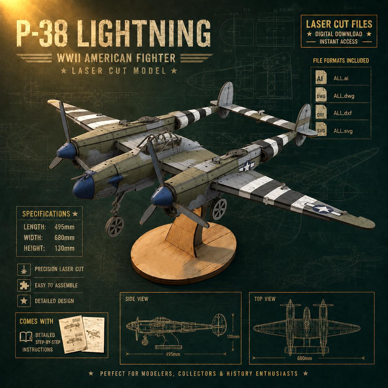 il_fullxfull.8110831254_rc2u.jpg P-38 Lightning Fighter Model Laser Cut Files | WWII Aircraft Wood Model Plans | SvG DxF Ai DwG | Laser cutting templates - Image 1