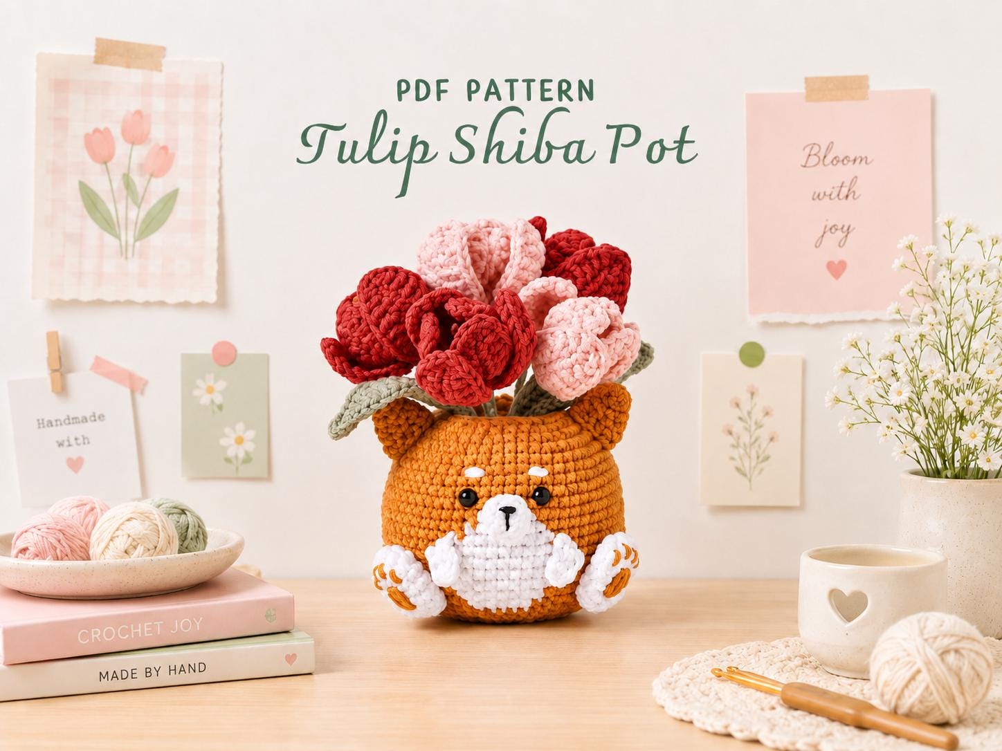 il_fullxfull.8111125673_rhza.jpg Crochet Shiba Pot PDF Pattern, Tulip Flower Amigurumi Dog Planter, Cute Shiba Inu Crochet Pattern, Digital Download - Image 1