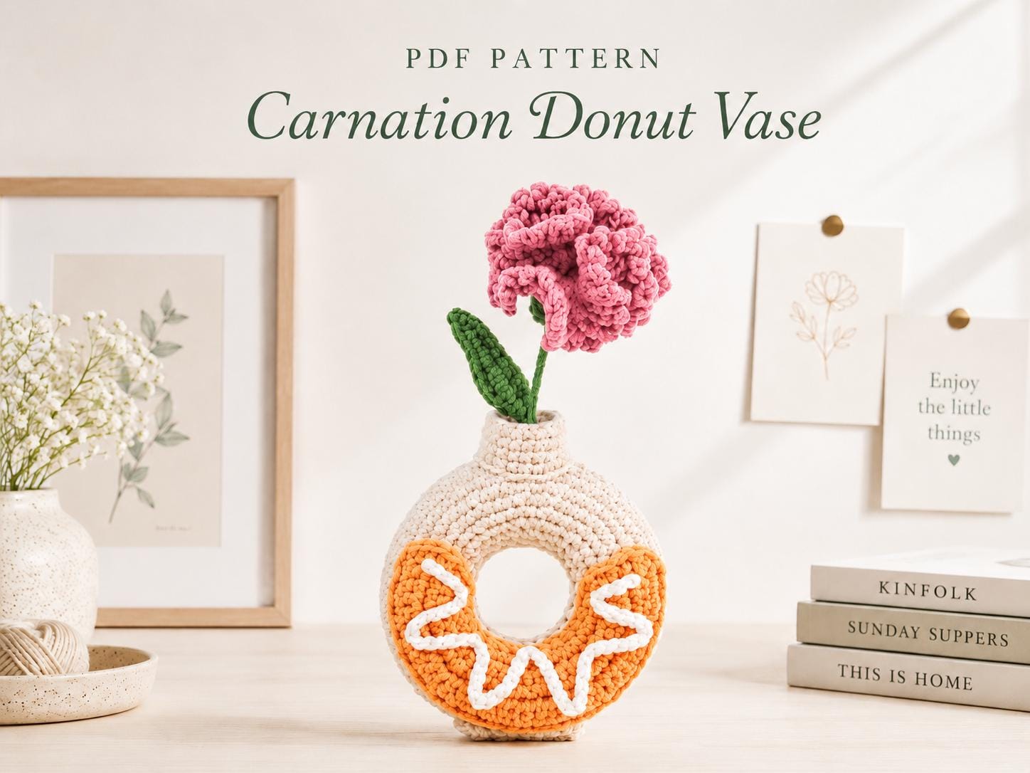 il_fullxfull.8111725496_n0yl.jpg Carnation Donut Vase Crochet Pattern PDF, Flower Vase Amigurumi Pattern, Crochet Home Decor, Digital Download - Image 1
