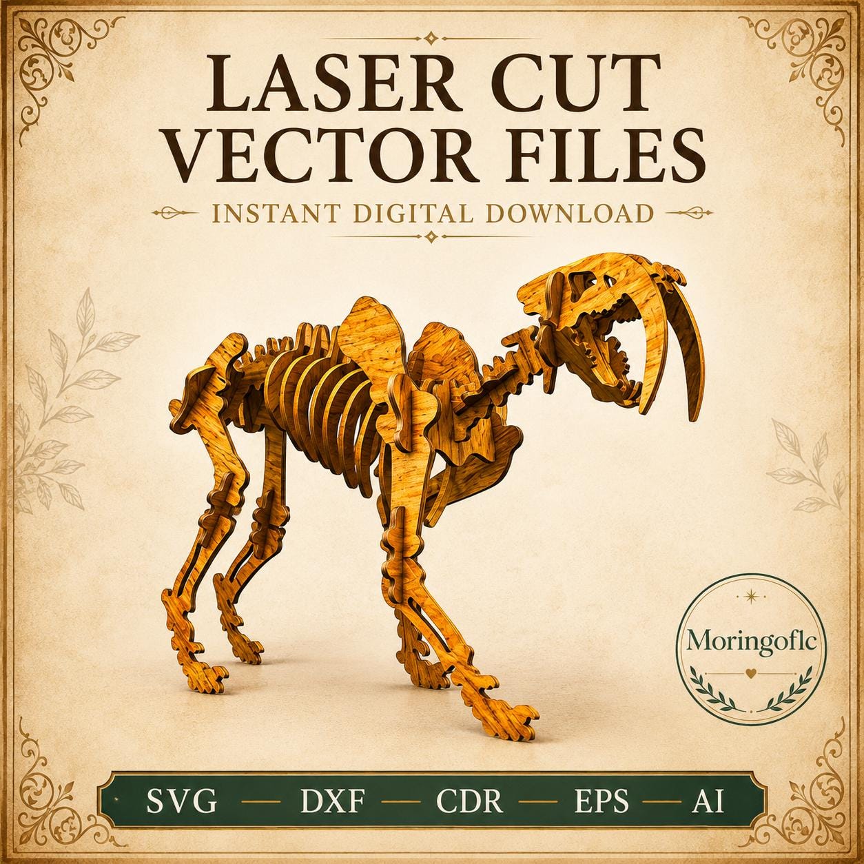 il_fullxfull.8114827746_gzs9.jpg Smilodon SVG Laser Cut File, 3D Saber Tooth Puzzle Dxf Eps CDR AI, Animal Skeleton Template Digital Download - Image 1