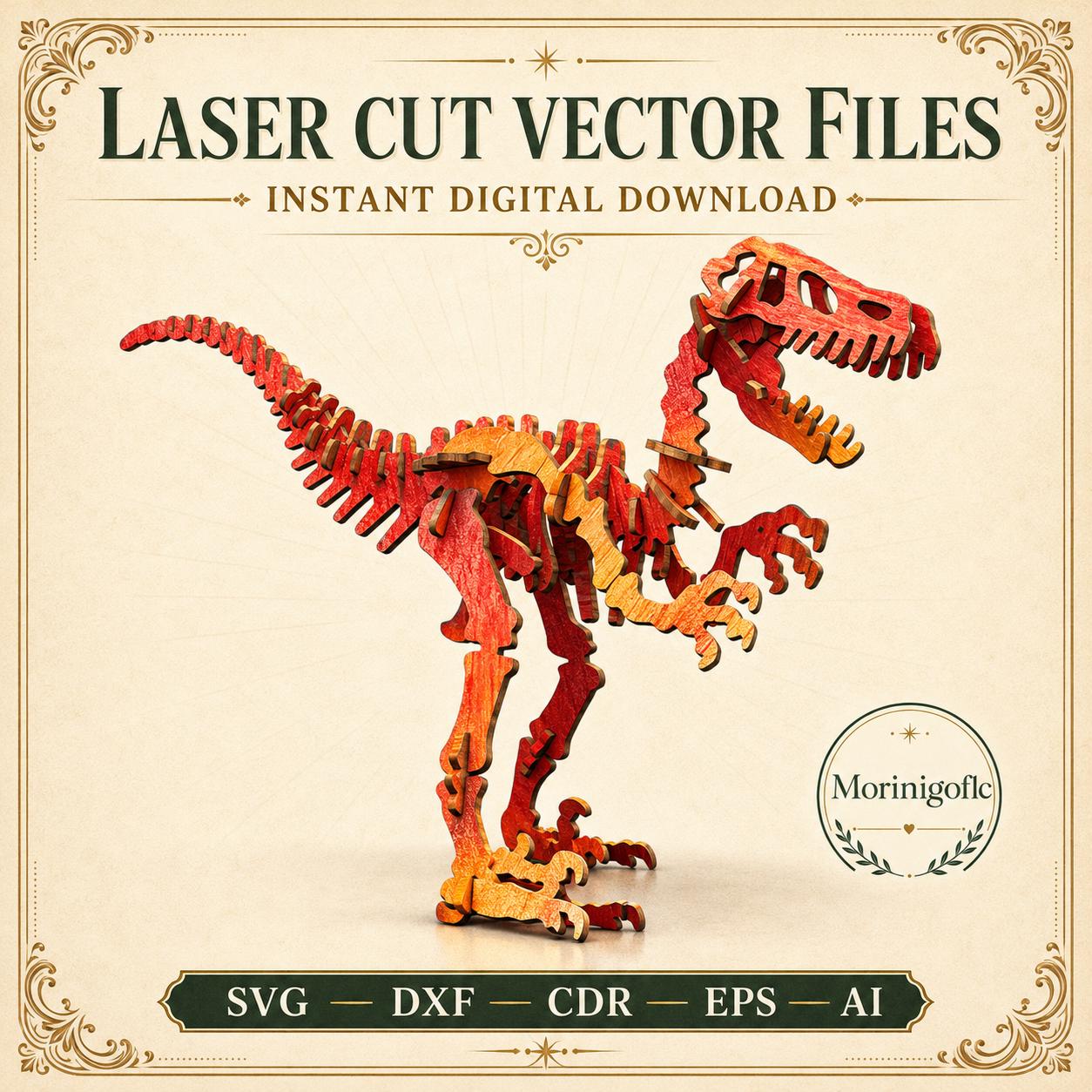 il_fullxfull.8114931818_tovq.jpg Velociraptor SVG Laser Cut File, 3D Raptor Puzzle Dxf Eps CDR AI, Dinosaur Bones Template Digital Download - Image 1