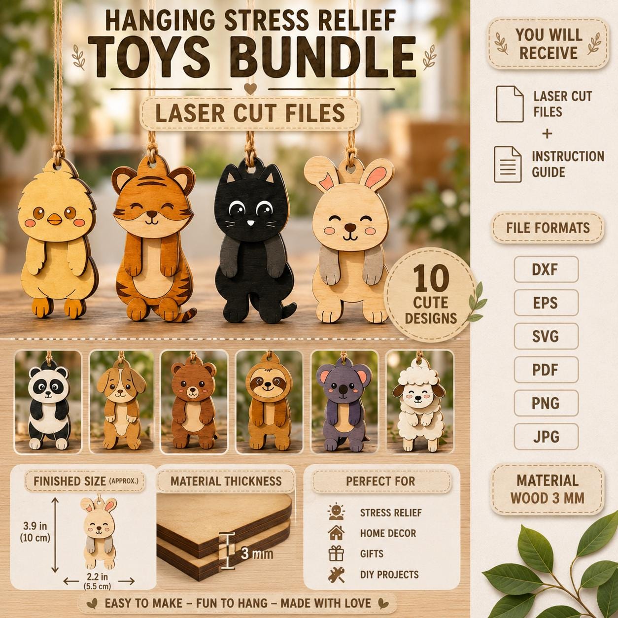 il_fullxfull.8117916315_l6aq.jpg Hanging Stress Relief Toys Bundle SVG DXF | Cute Wooden Animal Ornaments Laser Cut Files | DIY Wood Craft Decor - Image 1