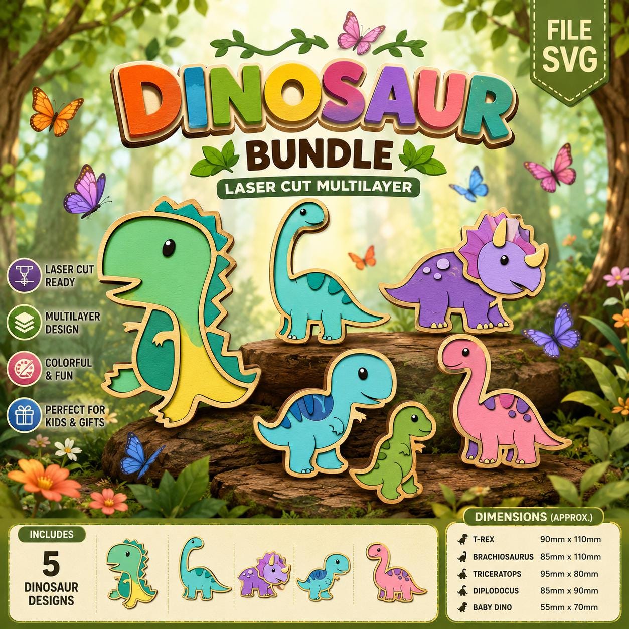 il_fullxfull.8118412823_arp3.jpg Layered SVG Dinosaur Collection | Laser Cut Dinosaur Files | Layered 3D SVG Dinosaurs | | Toys for Children - Image 1