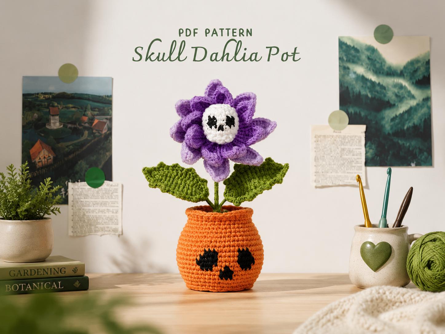 il_fullxfull.8118776267_blc1.jpg Skull Dahlia Crochet Pattern PDF – Cute Halloween Flower Pot DIY Craft Tutorial - Image 1