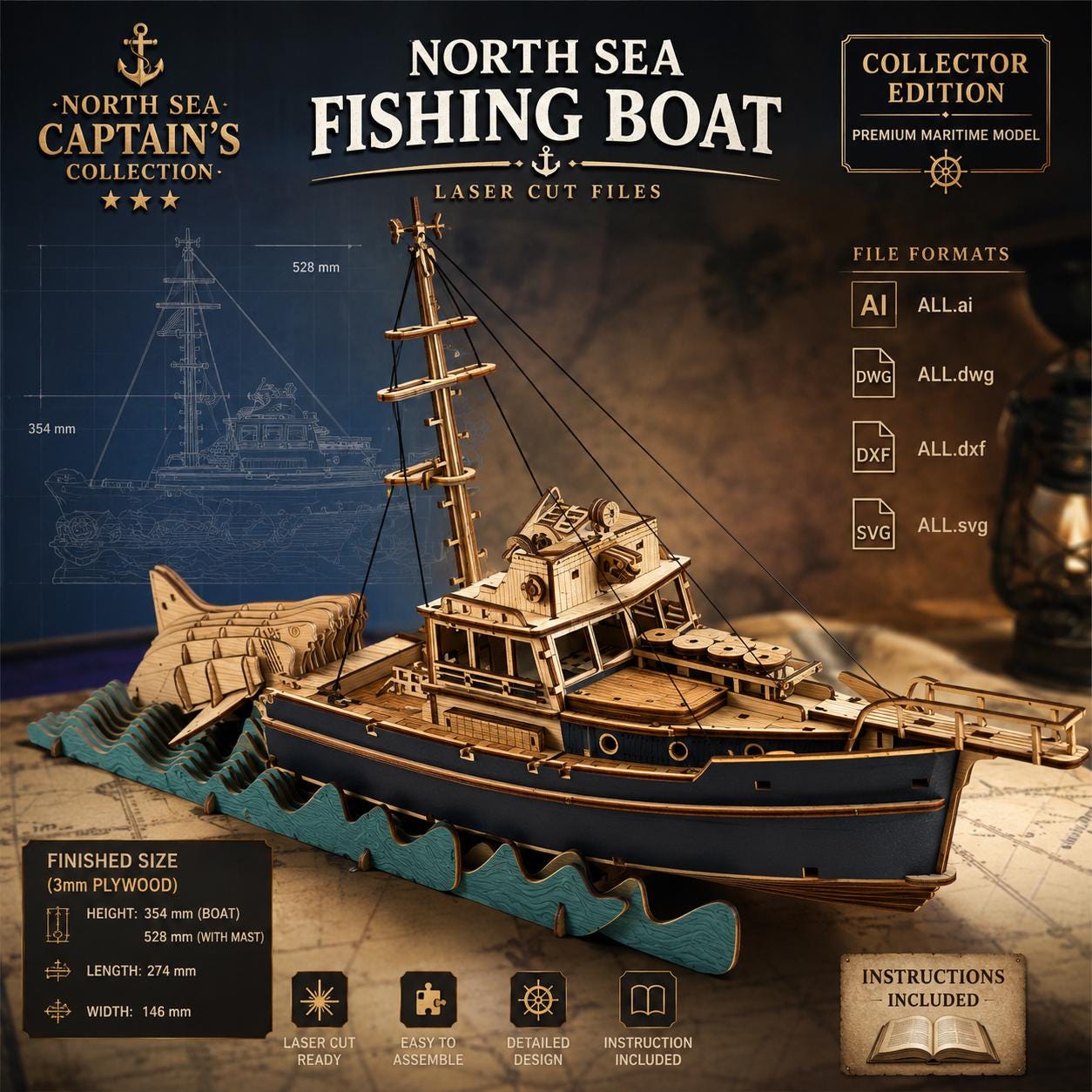 il_fullxfull.8119393826_8lp2.jpg DIY North Sea Fishing Boat Model Kit | Laser Cut Files SVG DxF AI DwG | Nautical Maritime Decor | Digital Download - Image 1