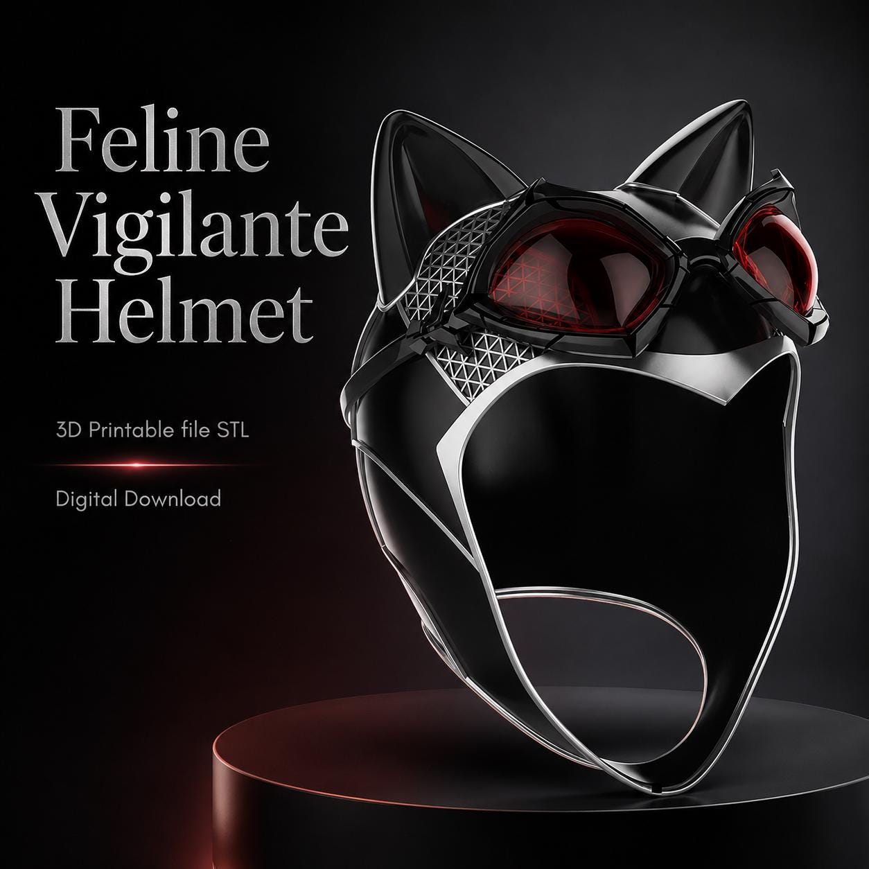 il_fullxfull.8122778452_gqj2.jpg Feline Vigilante Helmet STL File for 3D Printing, Tactical Cat Mask Cosplay Prop, Heroine Cowl and Goggles, Digital Download - Image 1