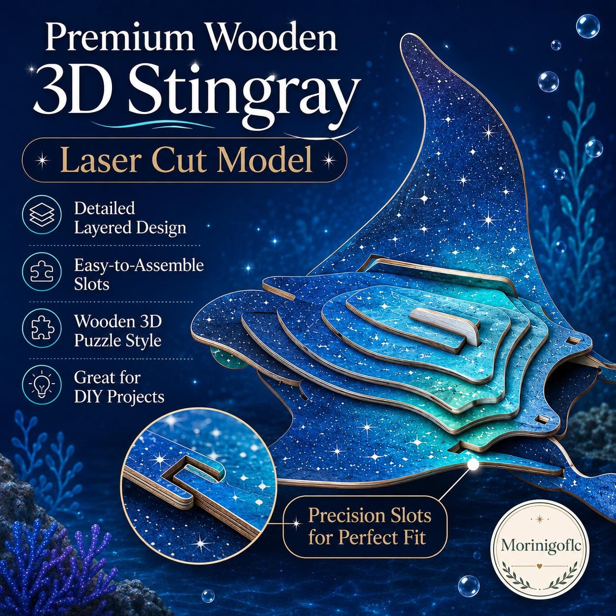 il_fullxfull.8123114446_hja1.jpg Stingray SVG Laser Cut File, 3D Manta Ray Wood Craft Dxf Eps AI CDR, Ocean Animal Digital Download - Image 1