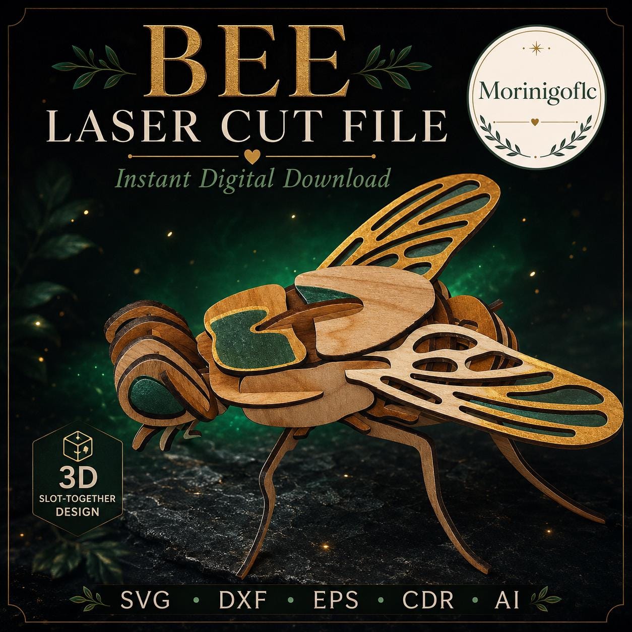il_fullxfull.8123200752_jtv7.jpg Bee SVG Laser Cut File, 3D Bee Wood Puzzle Dxf Eps CDR AI, Bumble Bee Insect Craft Digital Download - Image 1