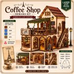 Laser Cut Files Coffee Shop Diorama Kit | Vintage Parisian Cafe 3D Wooden Puzzle | Glowforge Miniature Dollhouse Template