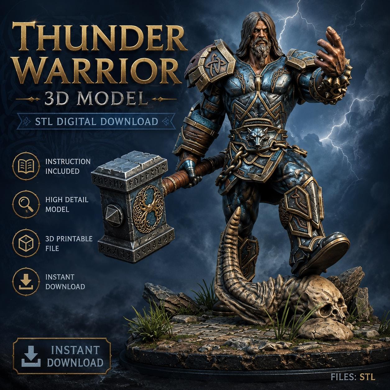 il_fullxfull.8125719723_erzi.jpg Thunder Warrior 3D Model STL, Mythic Norse Fantasy Warrior Statue, High Detail 3D Printing File, Resin Miniature Digital Download - Image 1
