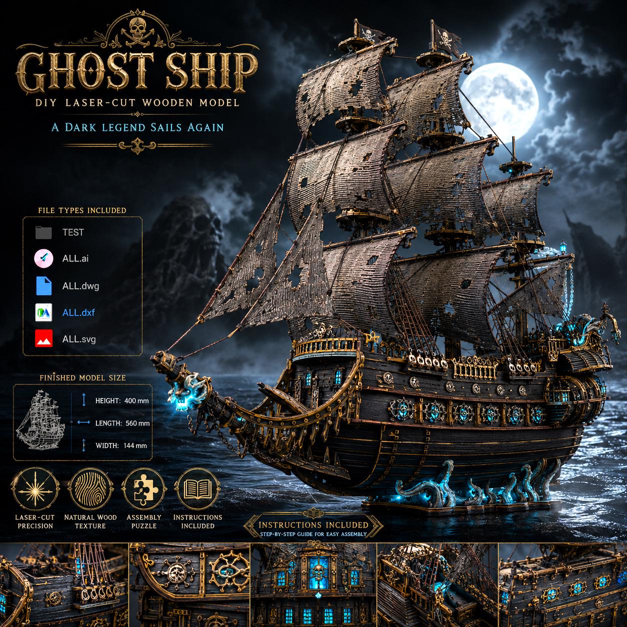 il_fullxfull.8127016842_ytgh.jpg Ghost Ship Wooden Model Kit DIY | Laser Cut Pirate Ship Plans | Dark Fantasy Decor | SvG DxF AI DWG Files - Image 1