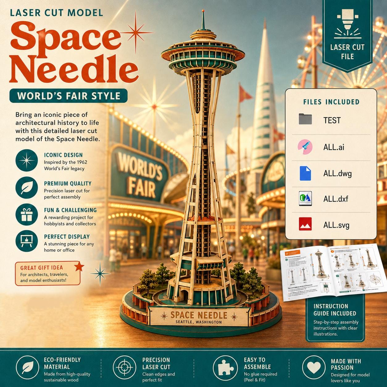 il_fullxfull.8135275847_7248.jpg 3D Wooden Space Needle Model | Seattle Landmark Architecture Puzzle | Large DIY Building Craft Kit | Desk Decor Gift for Architect - Image 1