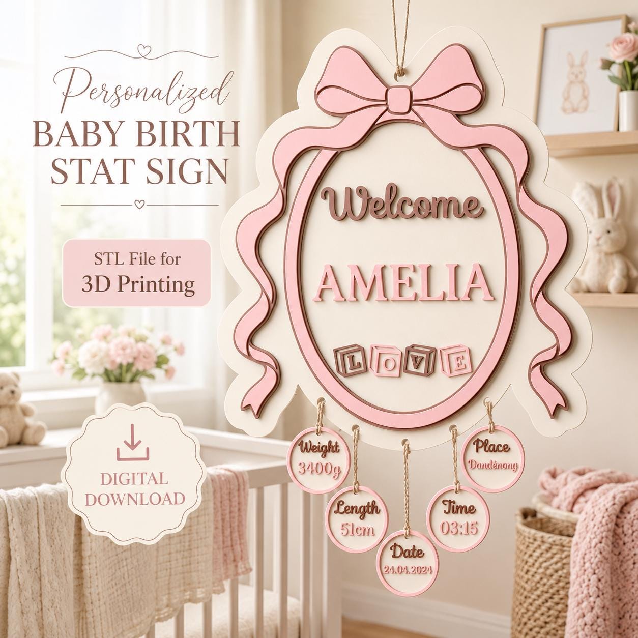 il_fullxfull.8135336595_lpts.jpg Personalized Baby Birth Stat Sign STL, Custom Newborn Name 3D Print File, Nursery Wall Decor, Baby Keepsake Gift - Image 1