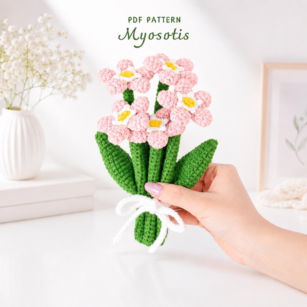 il_fullxfull.8140795597_9j7k.jpg Pink Crochet Flower Bouquet Pattern PDF, Amigurumi Flower Pattern, Crochet Floral Arrangement, Handmade Flower Digital Download - Image 1