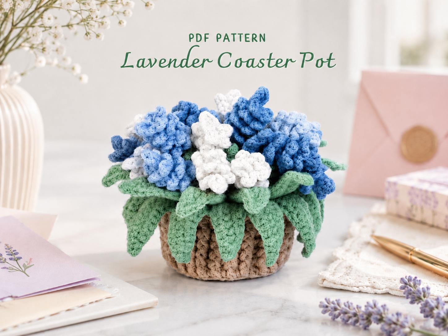 il_fullxfull.8145004279_r5ga.jpg Lavender Coaster Pot Crochet Pattern, Flower Pot PDF Pattern, Floral Crochet Decor, Handmade Gift, Instant Download - Image 1