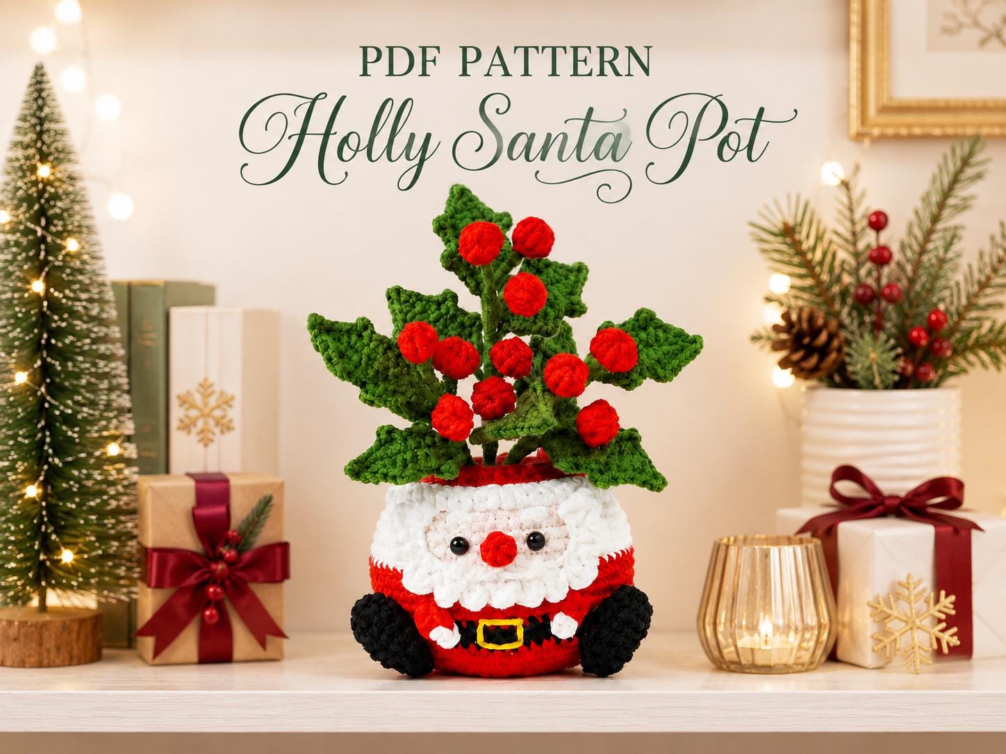 il_fullxfull.8148722685_nfyp.jpg Holly Santa Pot Crochet Pattern, Christmas Amigurumi PDF Pattern, Santa Plant Pot, Holiday Crochet Decor Digital Download - Image 1