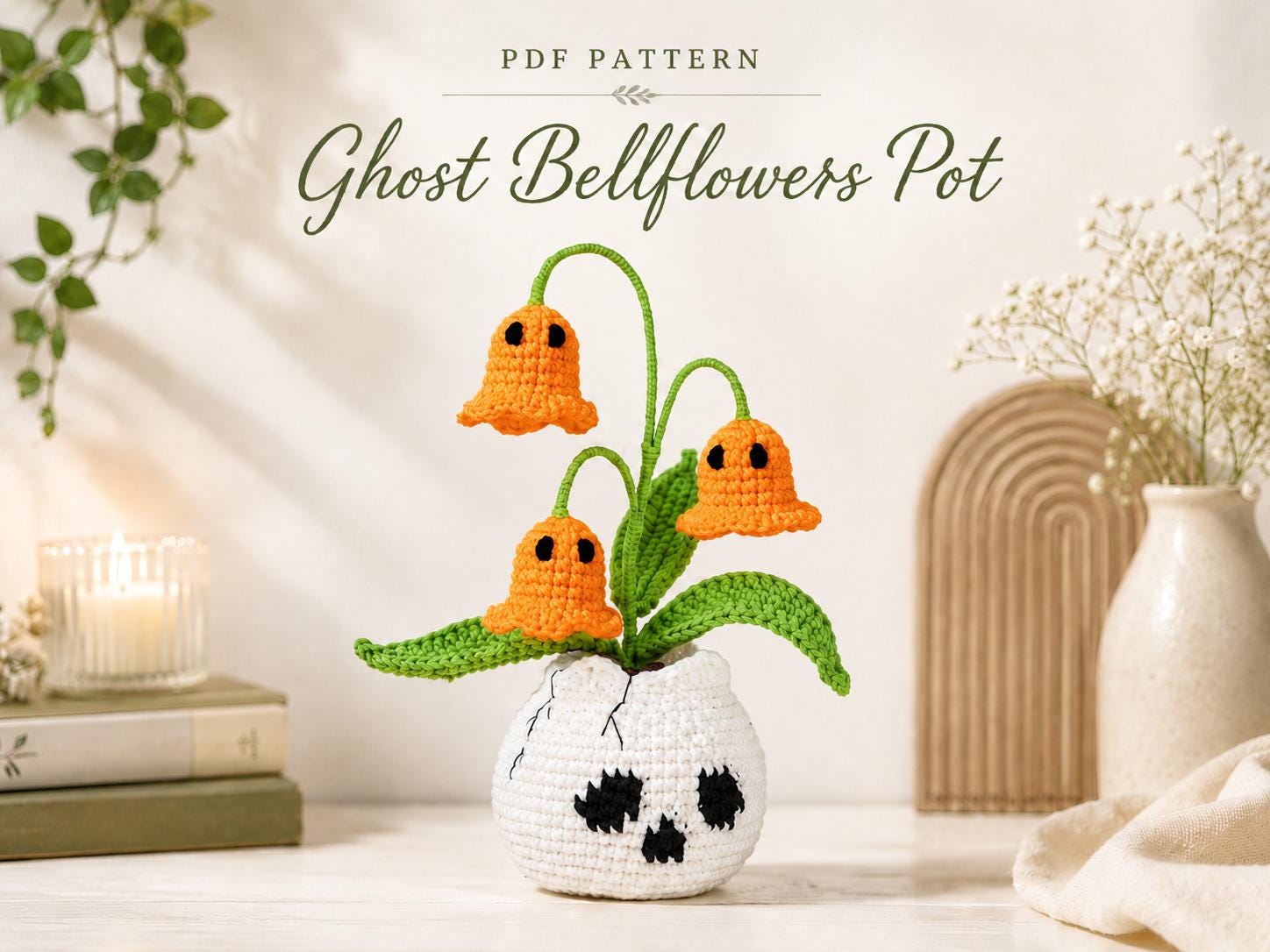 il_fullxfull.8148865257_hn65.jpg Ghost Bellflowers Pot Crochet Pattern, Halloween Amigurumi Plant PDF, Spooky Crochet Flower Decor, Skull Pot Pattern - Image 1