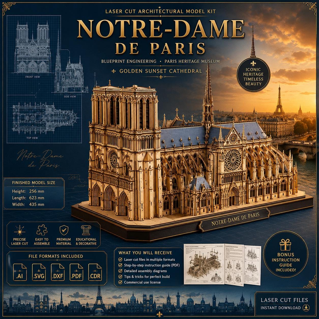 il_fullxfull.8151487445_cz50.jpg Notre Dame de Paris Laser Cut Files Bundle | SvG DxF PdF Ai | Gothic Cathedral 3D Model Kit | CNC Wood Craft Template - Image 1