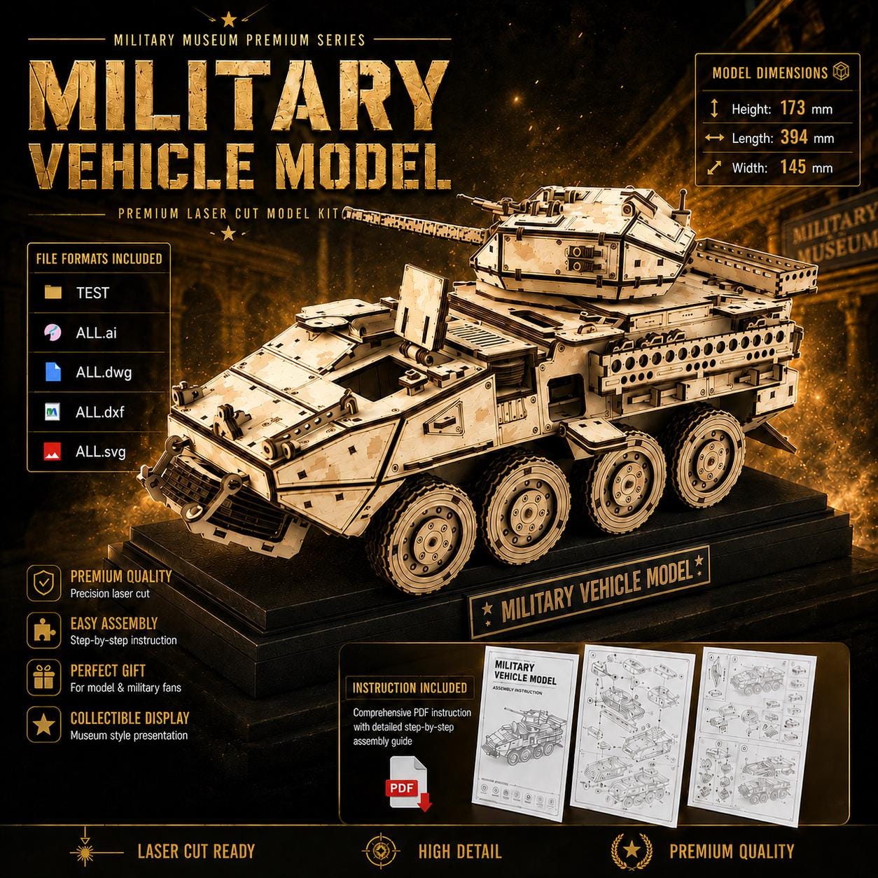 il_fullxfull.8151946795_13gy.jpg Military Vehicle Model Laser Cut Files | DIY Army Tank Wood Model Kit SvG DxF DwG Ai | DIY Kit M1296 digital download - Image 1