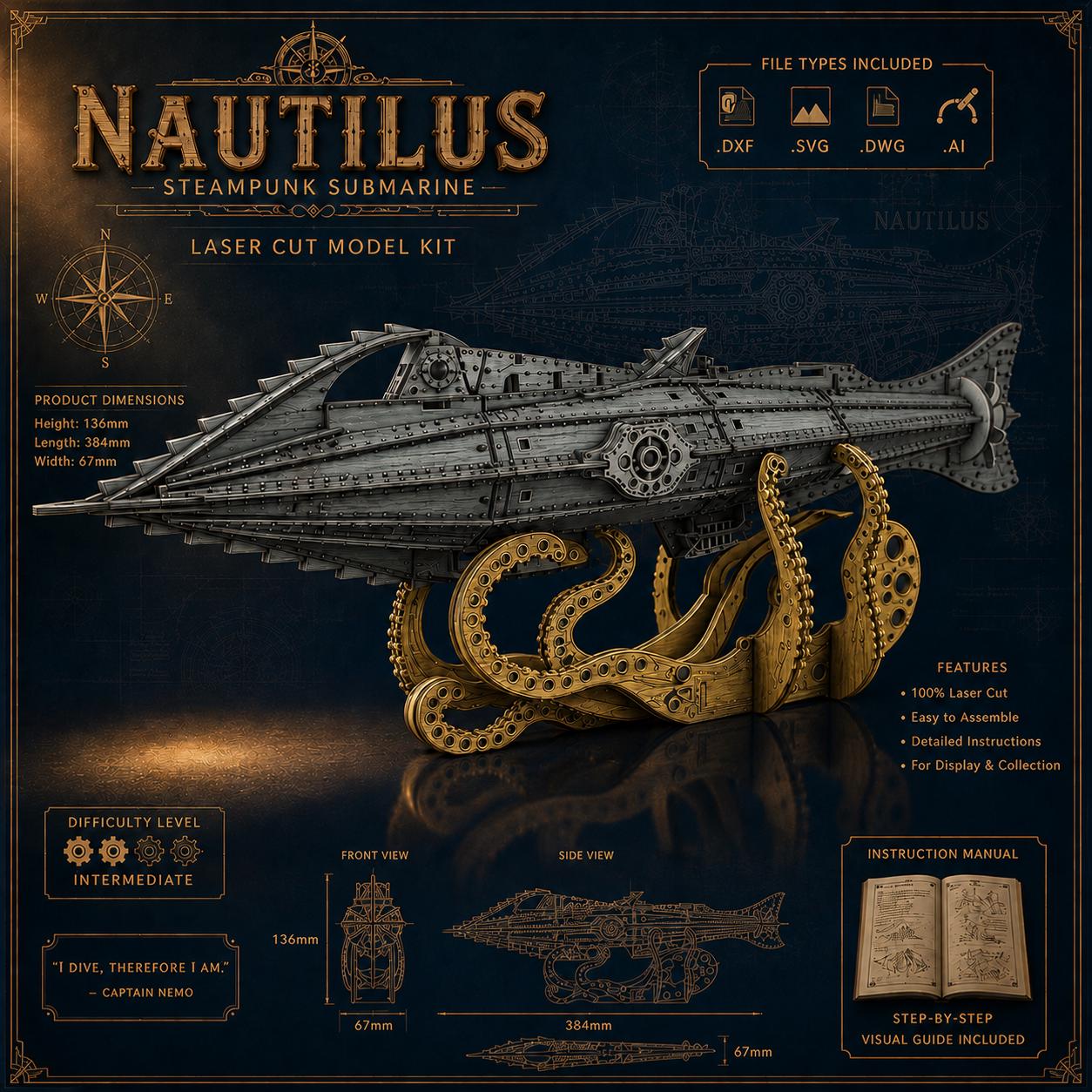il_fullxfull.8158986359_ooha.jpg Nautilus Submarine Model | Laser Cut Files SvG DxF Ai DwG | Jules Verne Nautilus DIY Wood Model Kit | CNC plans - Image 1