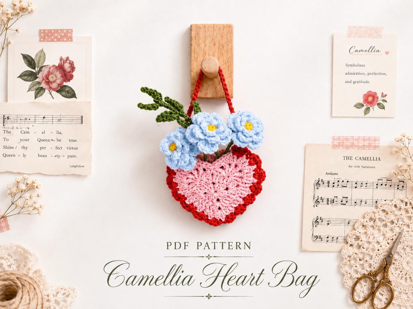 il_fullxfull.8163703033_69lj.jpg Crochet Heart Bag Pattern PDF, Camellia Flower Bag Pattern, Crochet Purse Pattern, Valentine Heart Bag - Image 1