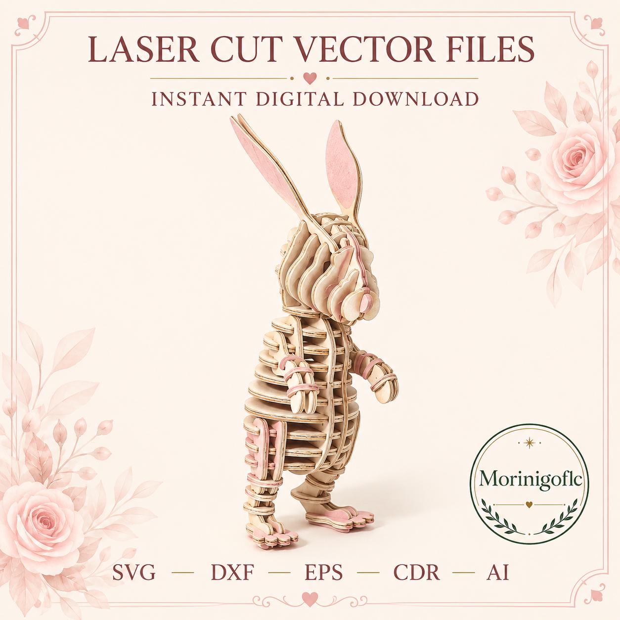il_fullxfull.8166332071_1u2u.jpg Bunny SVG Laser Cut File, 3D Rabbit Wood Puzzle Dxf Eps CDR AI, Layered Animal Template Digital Download - Image 1