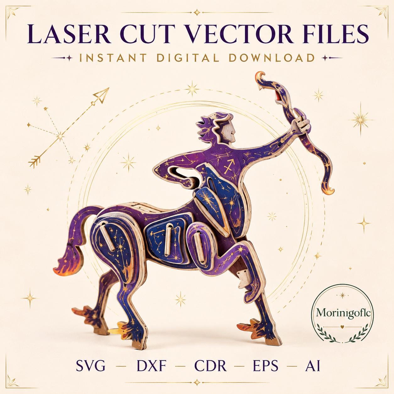 il_fullxfull.8166338633_g3k3.jpg Sagittarius SVG Laser Cut File, 3D Centaur Archer Zodiac Wood Craft, Dxf Eps CDR AI Digital Download - Image 1