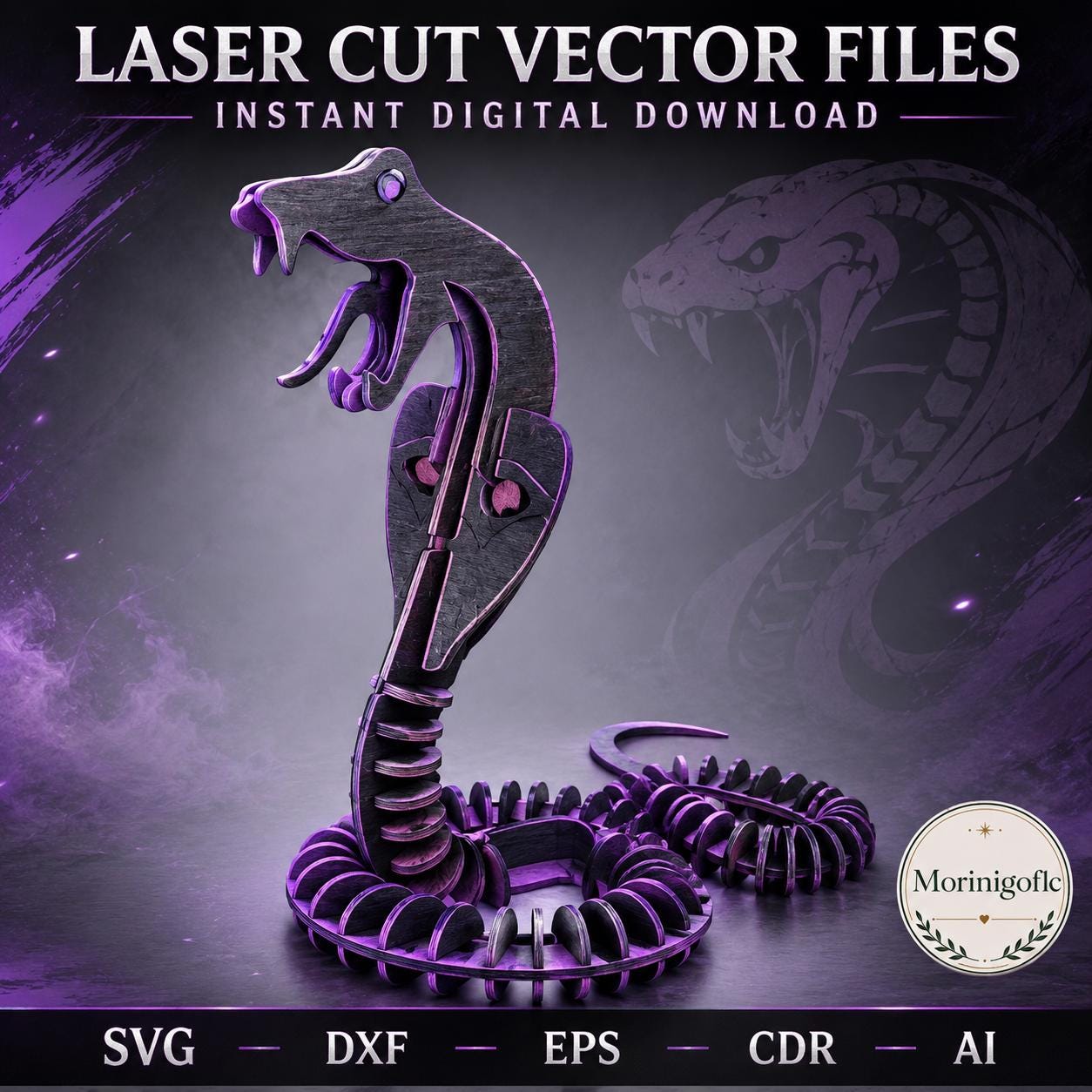 il_fullxfull.8166358609_gddt.jpg Cobra SVG Laser Cut File, 3D Snake Wood Puzzle Dxf Eps CDR AI, Layered Reptile Display Digital Download - Image 1