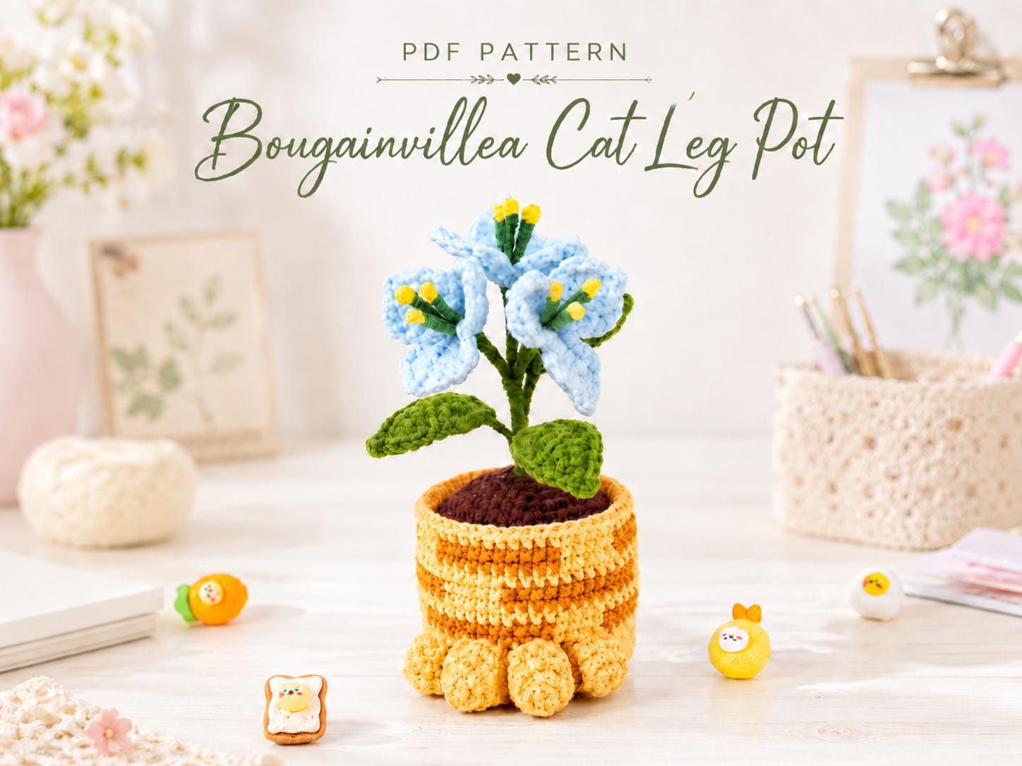 il_fullxfull.8167741227_hybk.jpg PDF Crochet Pattern Bougainvillea Cat Leg Pot, Crochet Flower Plant Amigurumi, Cute Cat Planter Home Decor DIY - Image 1