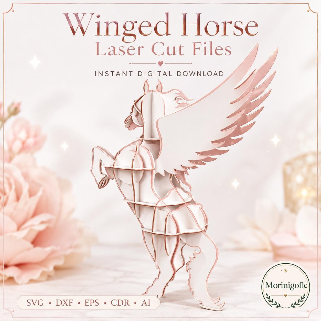 il_fullxfull.8170930445_9y7r.jpg Winged Horse SVG Laser Cut File, 3D Pegasus Wooden Display Dxf Eps CDR AI, Fantasy Horse Digital Download - Image 1