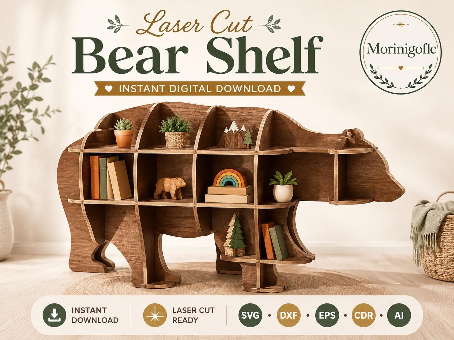 il_fullxfull.8171048339_o41i.jpg Bear Shelf SVG Laser Cut File, 3D Bear Bookshelf Dxf Eps CDR AI, Woodland Nursery Shelf Digital Download - Image 1